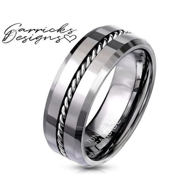Men's Silver Tungsten Wedding Ring Twisted Wire Cable Inlay  Wedding Band - Picture 5 of 7